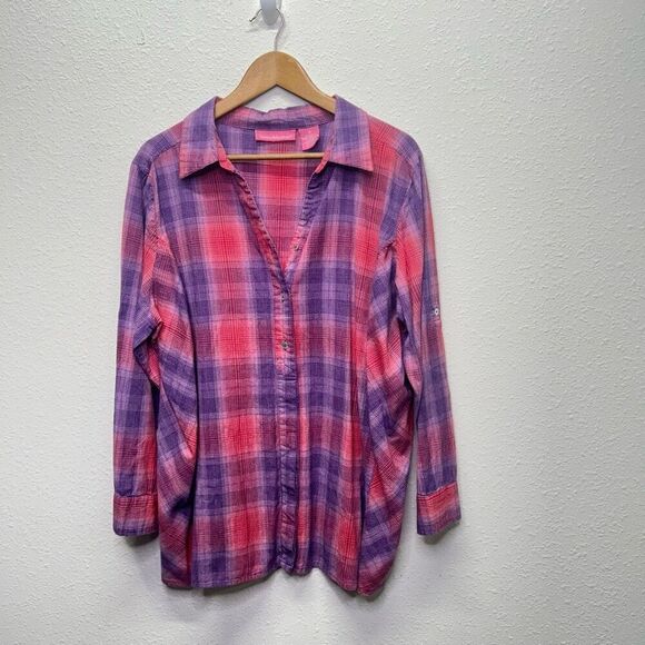 Woman Within 1X Pink Purple Plaid Long Sleeve Button-Up Shirt Multicolor - Picture 1 of 14